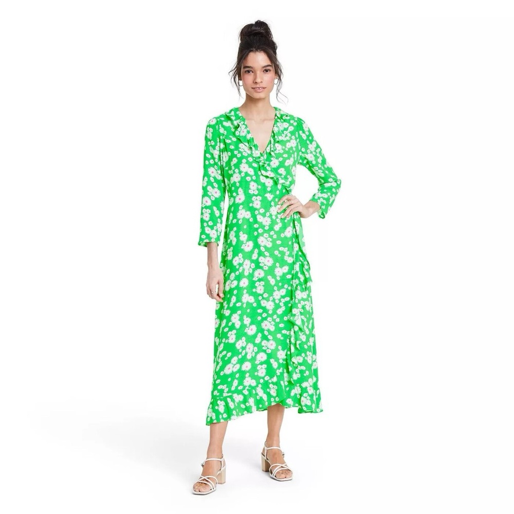 RIXO for Target Green Floral Wrap Long Sleeve Dress